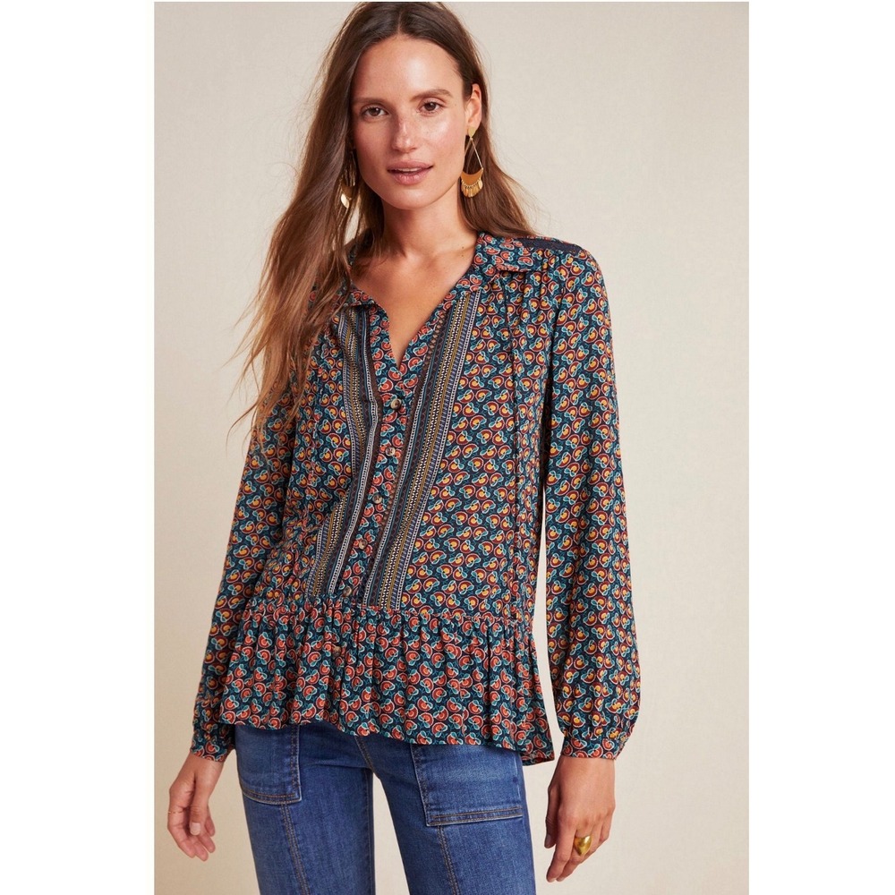 Maeve Anthropologie Janie Flounced Peasant Blouse Paisley Print Blue Red Size 4
